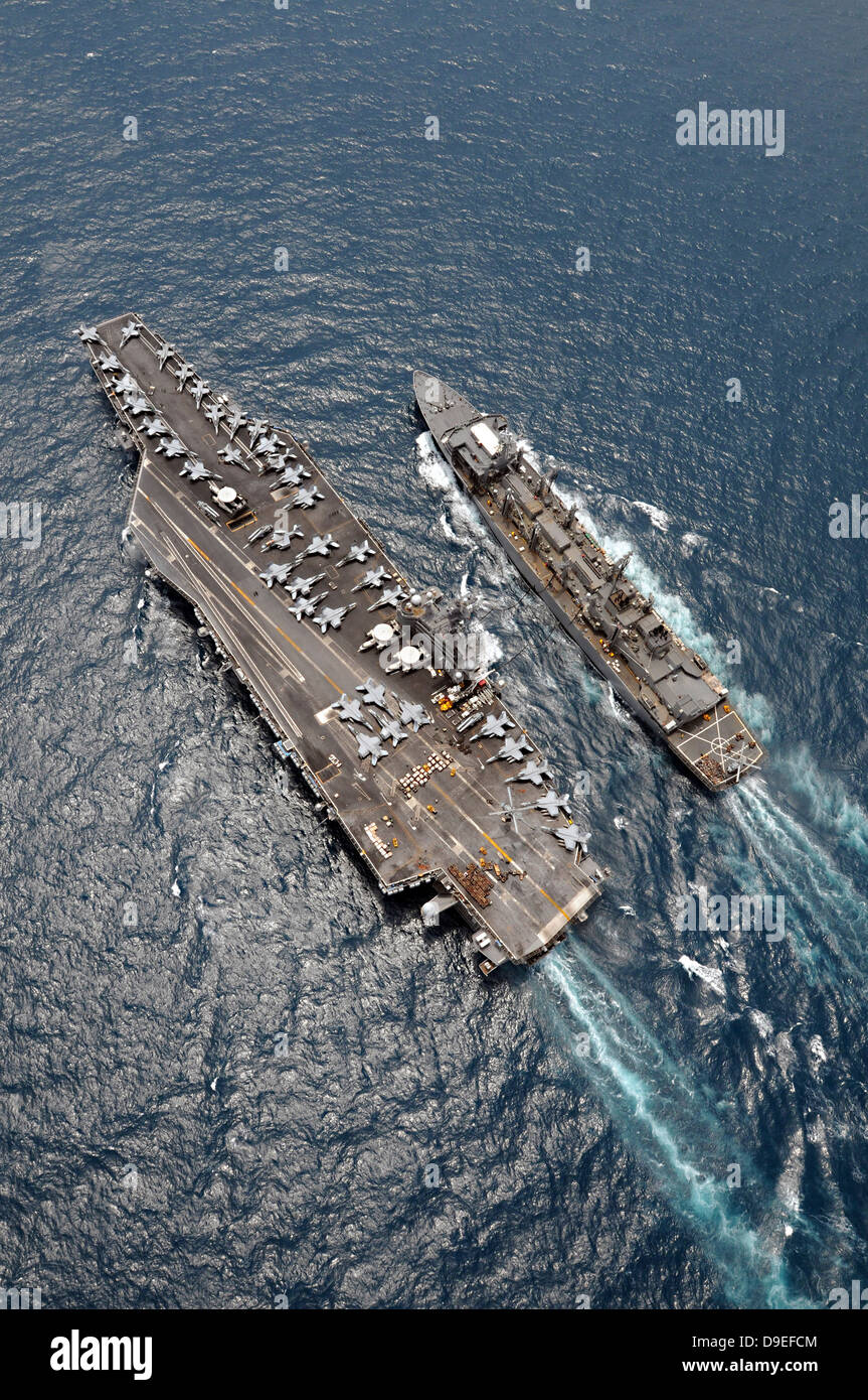 Aerial view of aircraft carrier USS Ronald Reagan and USNS Bridge during a  replenishment at sea Stock Photo - Alamy