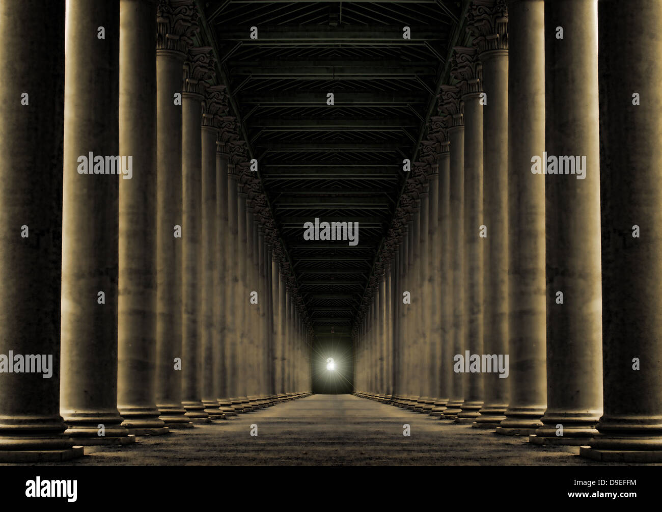 row of pillars at night with light at the end Stock Photo - Alamy