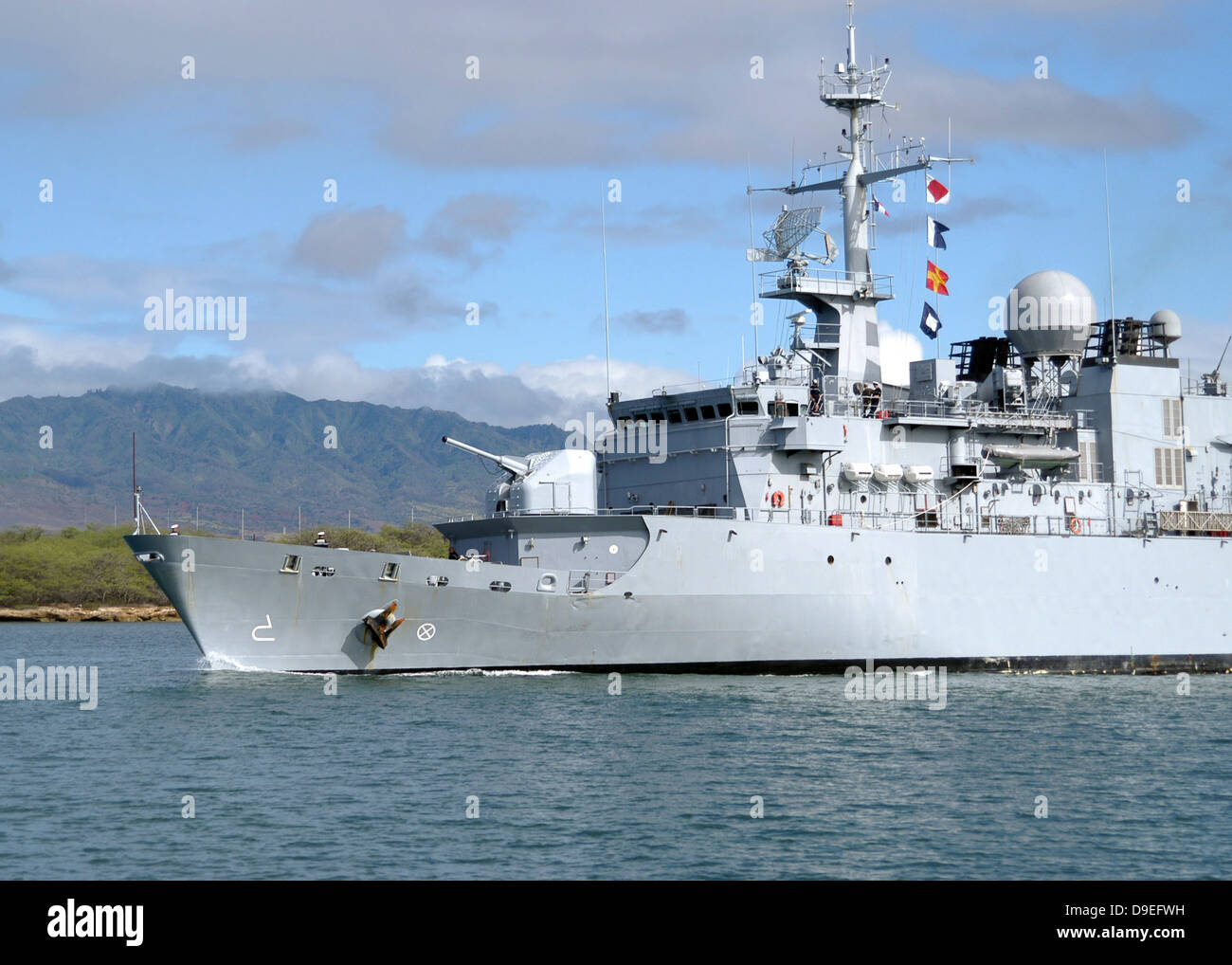The French navy frigate FS Prairial departs Joint Base Pearl Harbor-Hickam Stock Photo