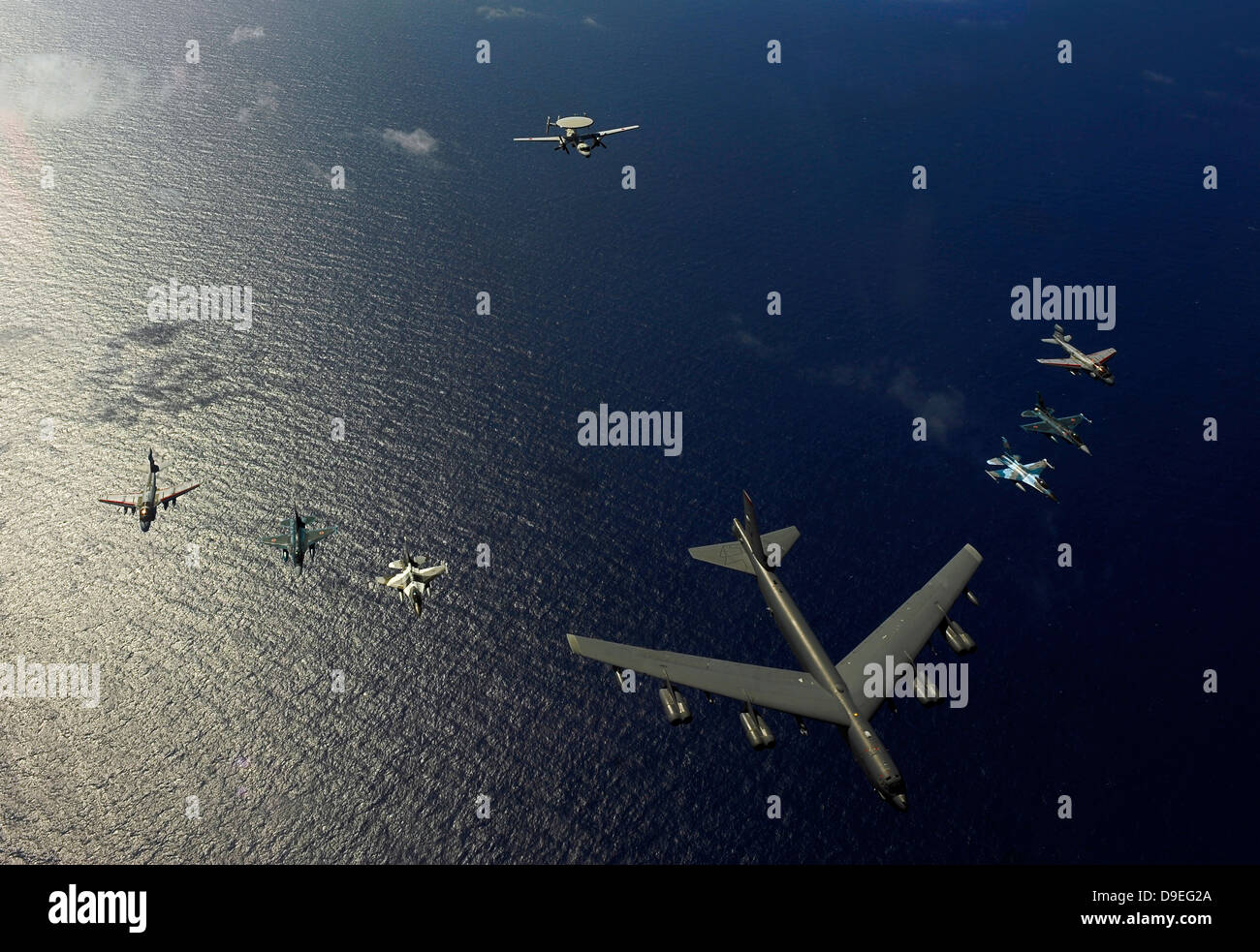 A U.S. Air Force B-52 Stratofortress aircraft leads a formation of aircraft. Stock Photo