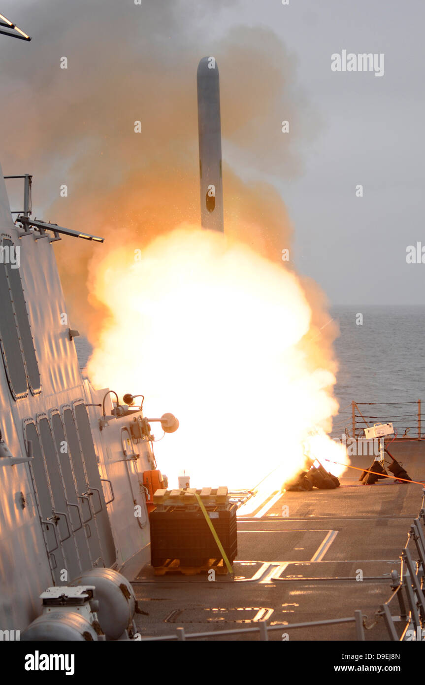 A tomahawk missile launch aboard USS Sterett. Stock Photo