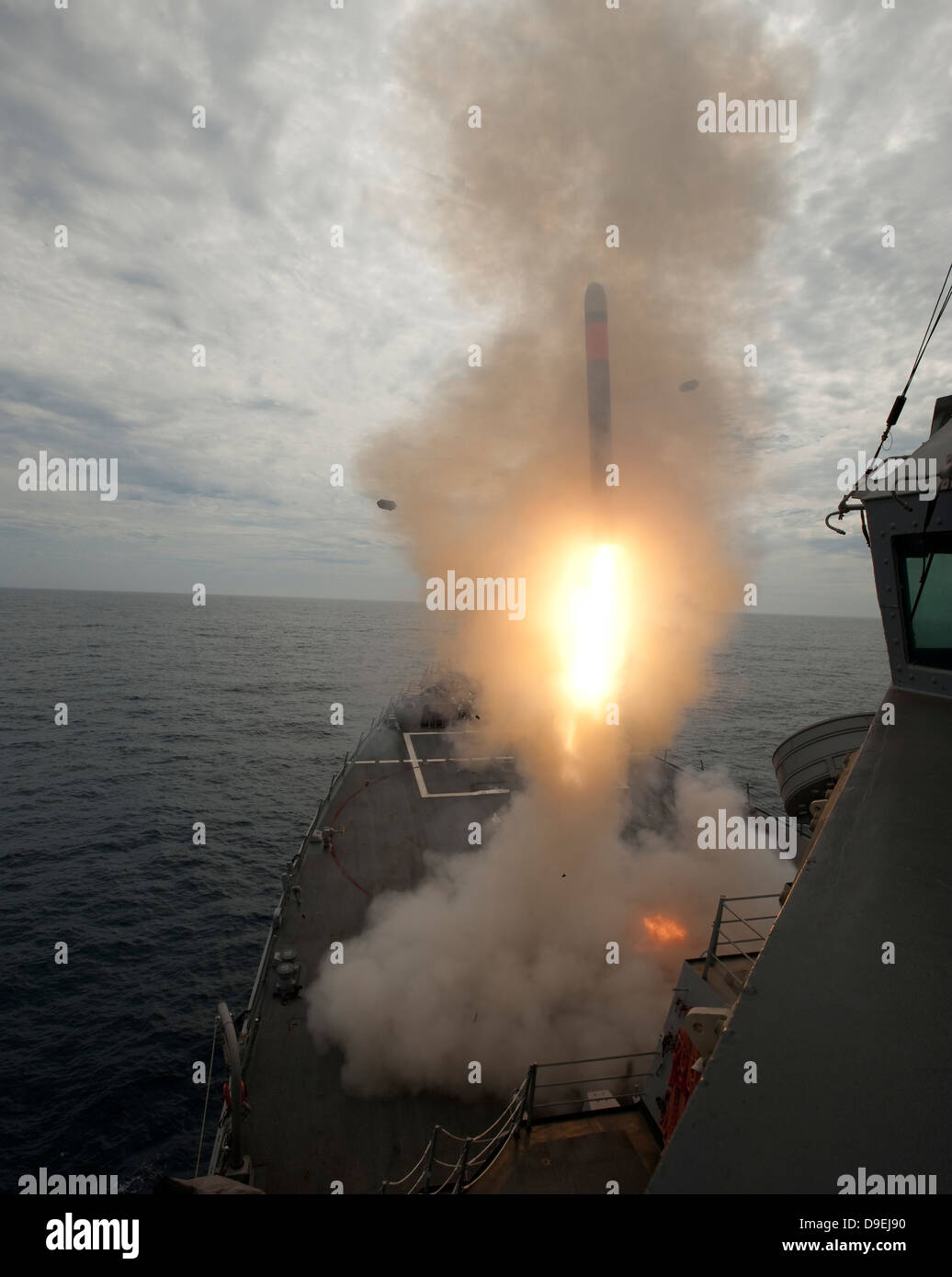 A tomahawk missile launch aboard USS Preble. Stock Photo