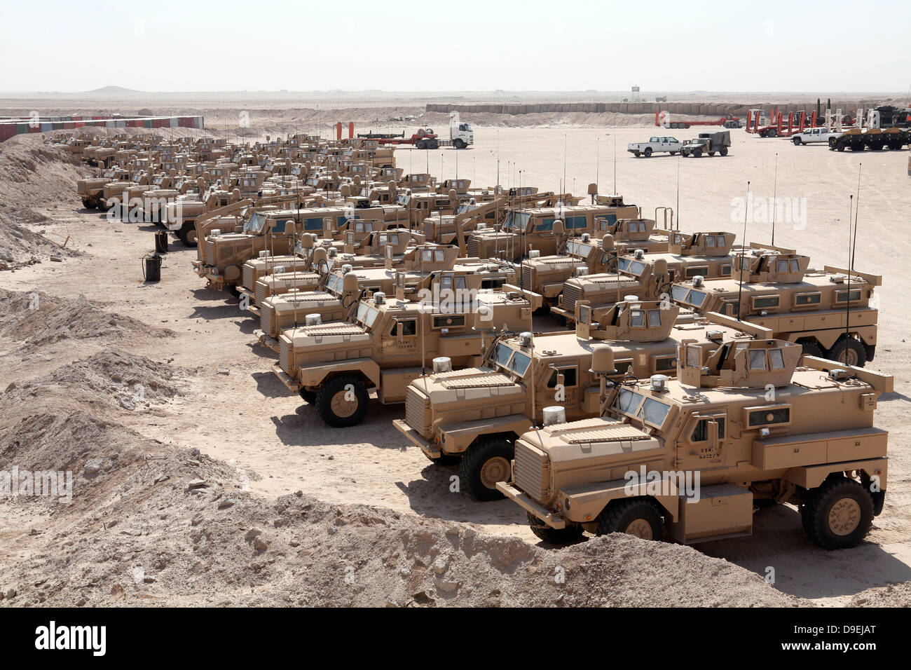 Mine Resistant Ambush Protected vehicles at Camp Taqaddum, Iraq. Stock Photo