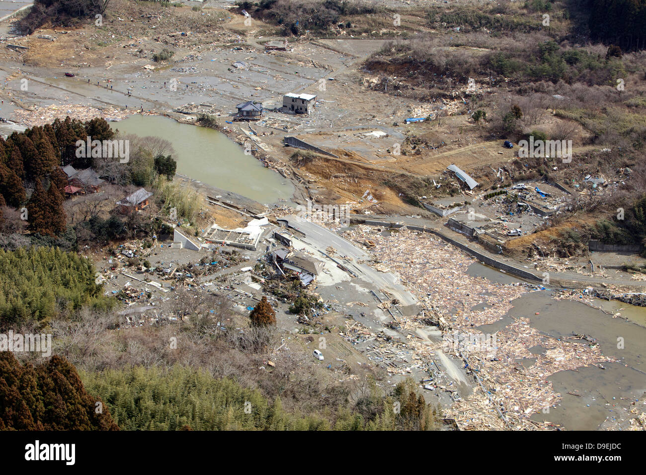 An aerial view of Minato, Japan after a 9.0 earthquake and tsunami. Stock Photo