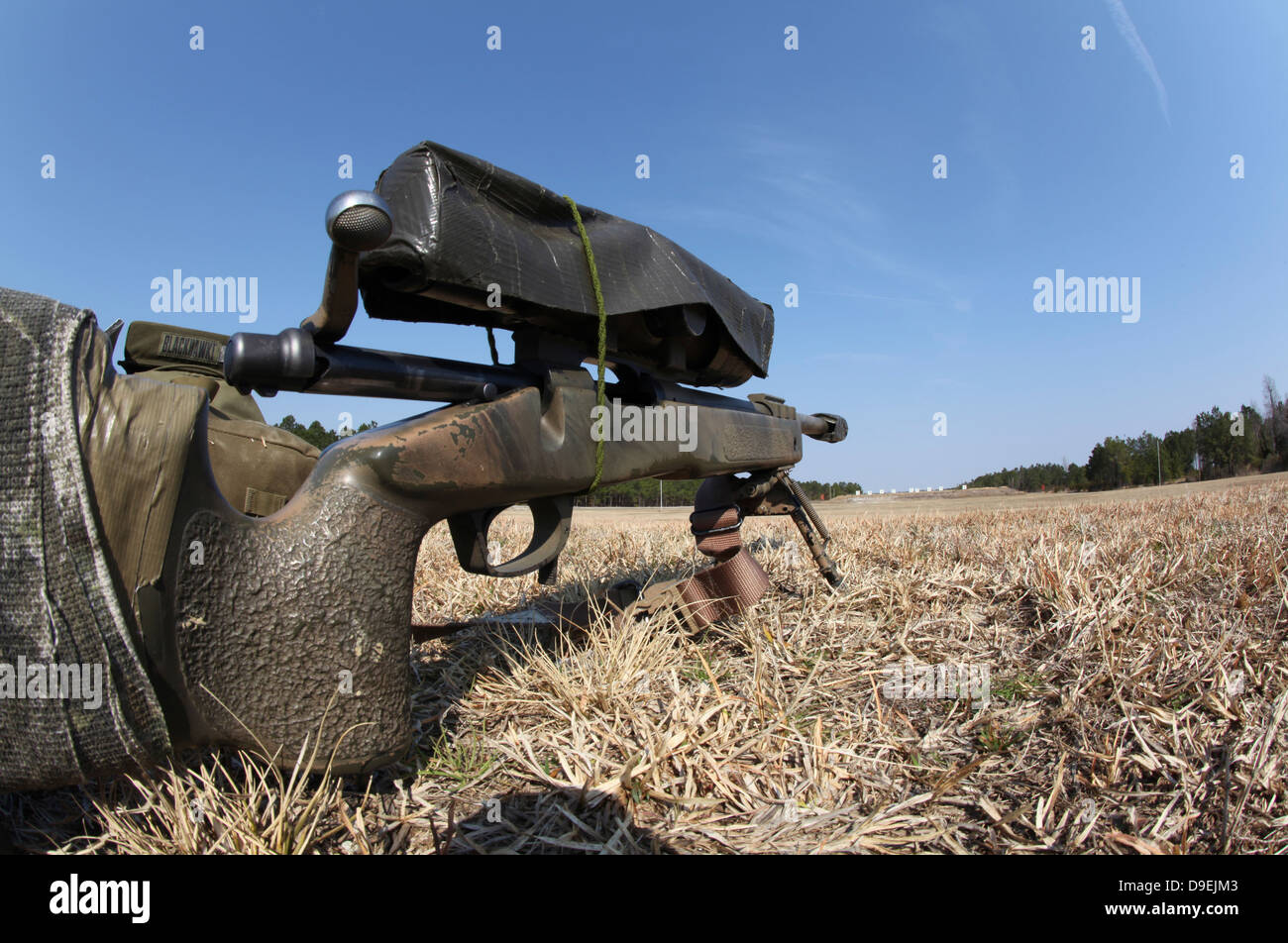 A M40A3 7.62mm sniper rifle sits ready for use on the shooting range. Stock Photo