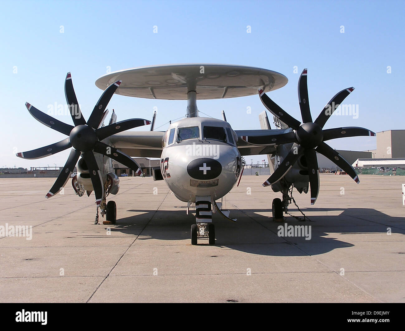 An E-2C+ Hawkeye sits on the flight line on board Naval Station Norfolk, Virginia. Stock Photo