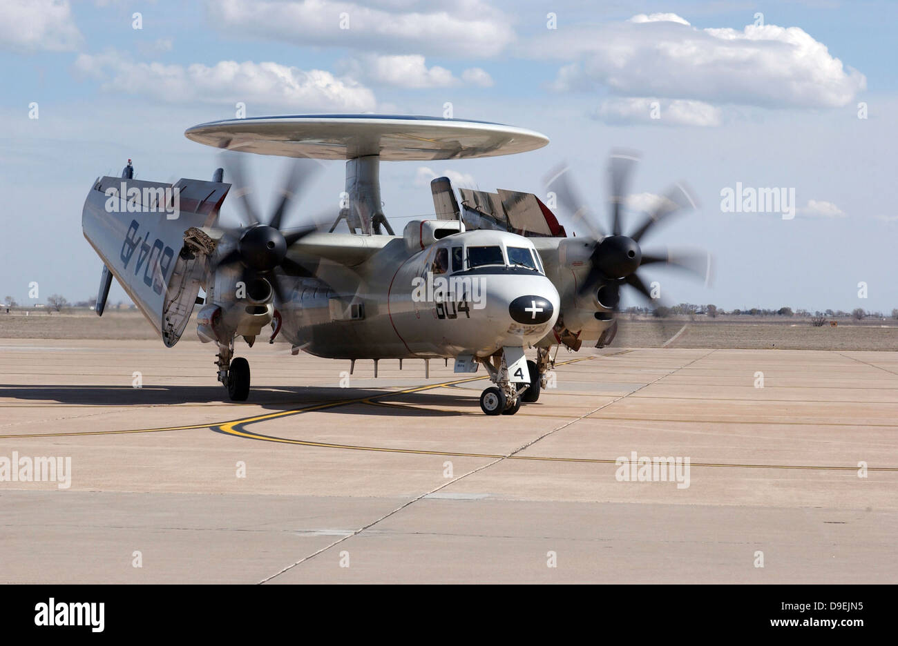 An E-2C Hawkeye on the runway at Cannon Air Force Base. Stock Photo