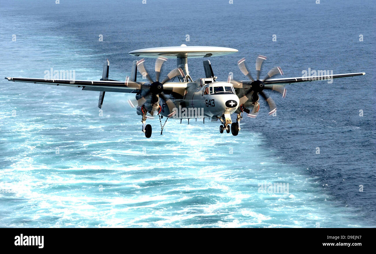 An E-2C Hawkeye prepares for an arrested landing. Stock Photo