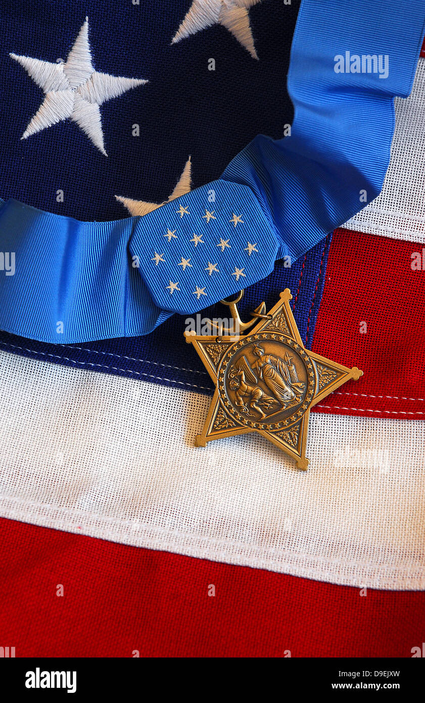 The Medal of Honor rests on a flag during preparations for an award ceremony Stock Photo