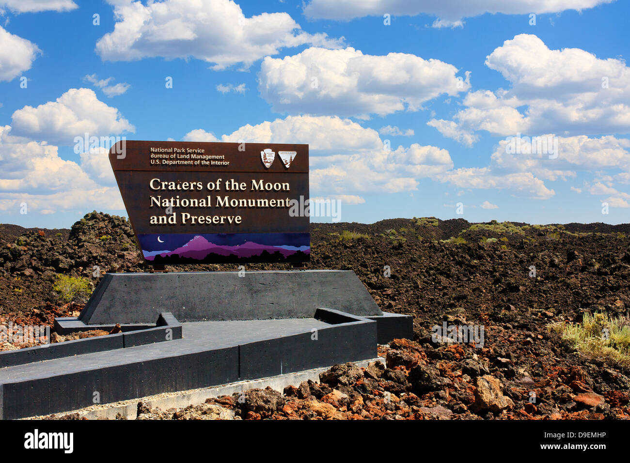 Welcome sign at western boundary of Craters of the Moon National Monument near Arco, Idaho, along Highway 20 Stock Photo