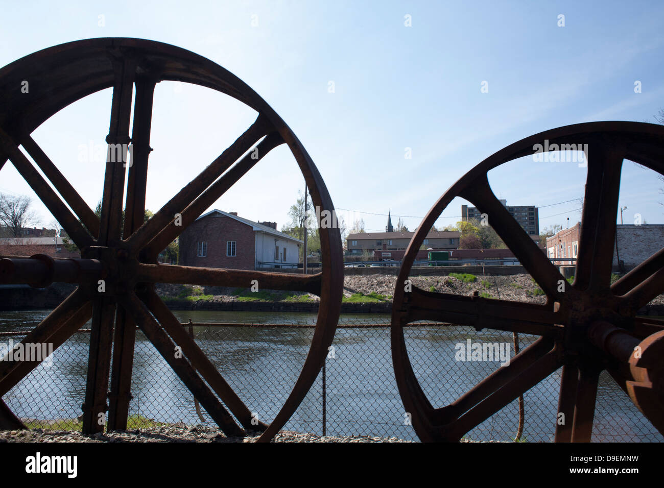 A view of industrial Holyoke looking across one of the city's three canals. Stock Photo