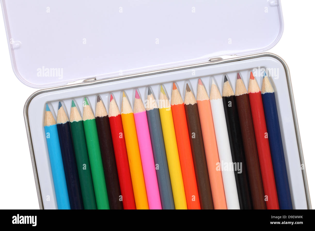 Set of color pencils in metal case Stock Photo Alamy