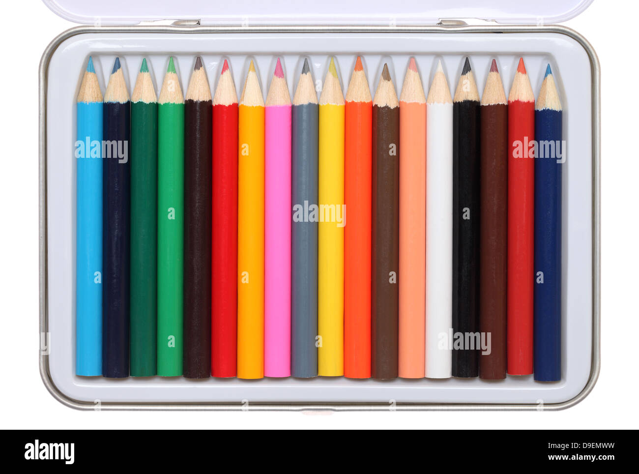 Set of color pencils in metal case Stock Photo Alamy