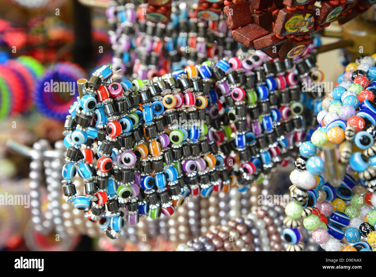 Greek 'evil eye' jewellery souvenirs, Old Town, City of Rhodes, Rhodes (Rodos), The Dodecanese, South Aegean Region, Greece Stock Photo