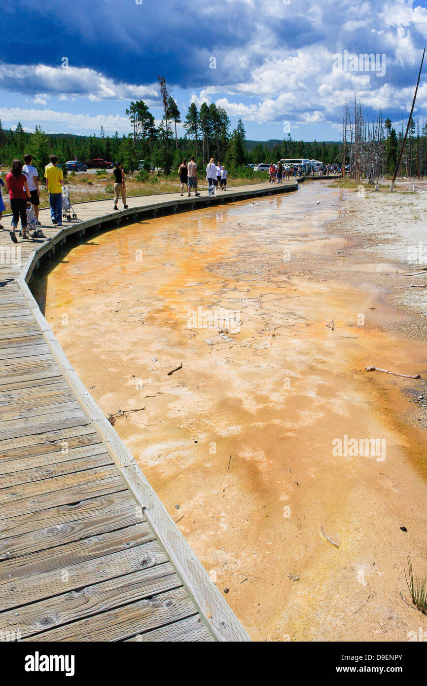 Crowds of summer tourists walk boardwalk at Fountain Paint Pots Trail in Lower Geyser Basin in Yellowstone National Park Stock Photo