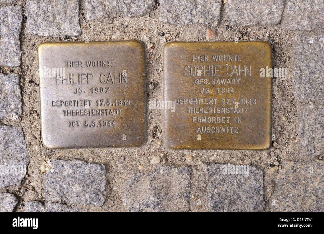 Stumbling blocks deportation commemorative table Jewish victims of the national socialism in Berlin Wullenweberstrasse district Stock Photo