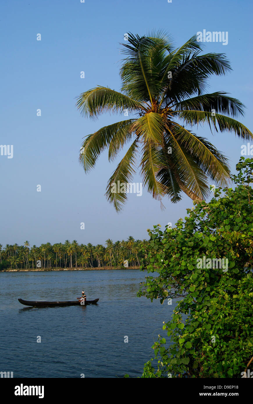 Small wooden Boat through the Backwaters of Kerala India Stock Photo