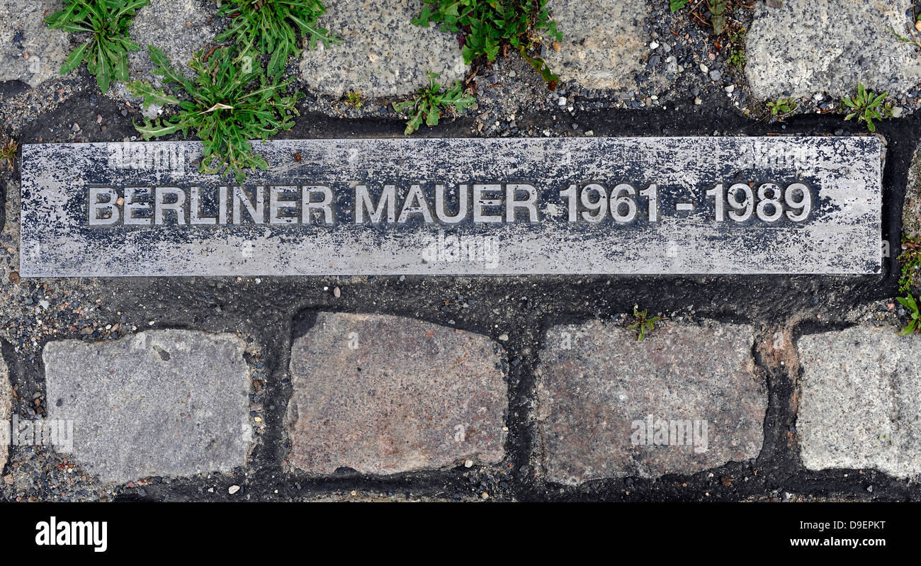 Ground mark, stumbling block, commemorative table about course of the Berlin Wall, Berlin, Germany, Europe Stock Photo