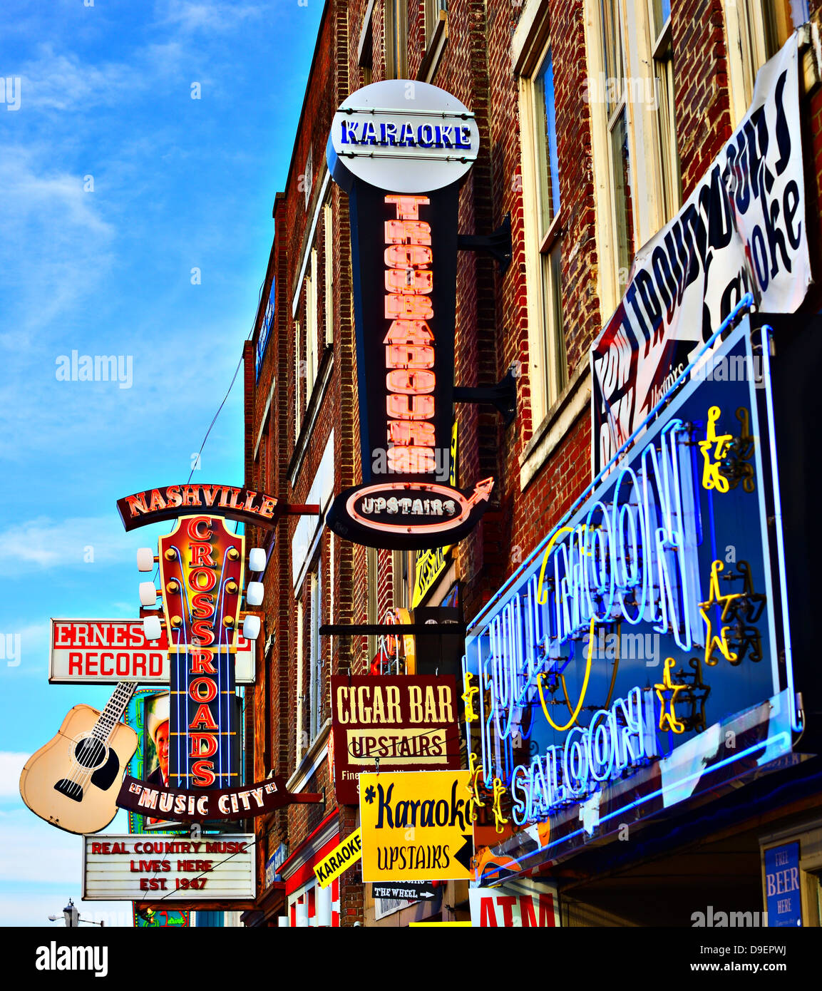 Neon signs of bars on Broadway in Nashville, Tennessee. Stock Photo