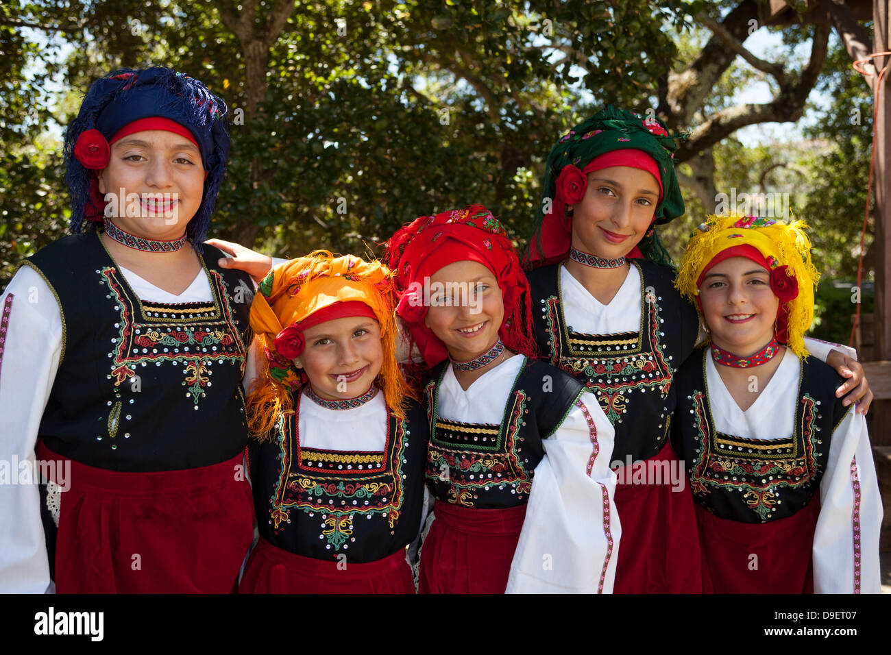 Young female Minoan Greek Dancers preparing to dance at the Greek Festival, Novato, California, USA. Stock Photo