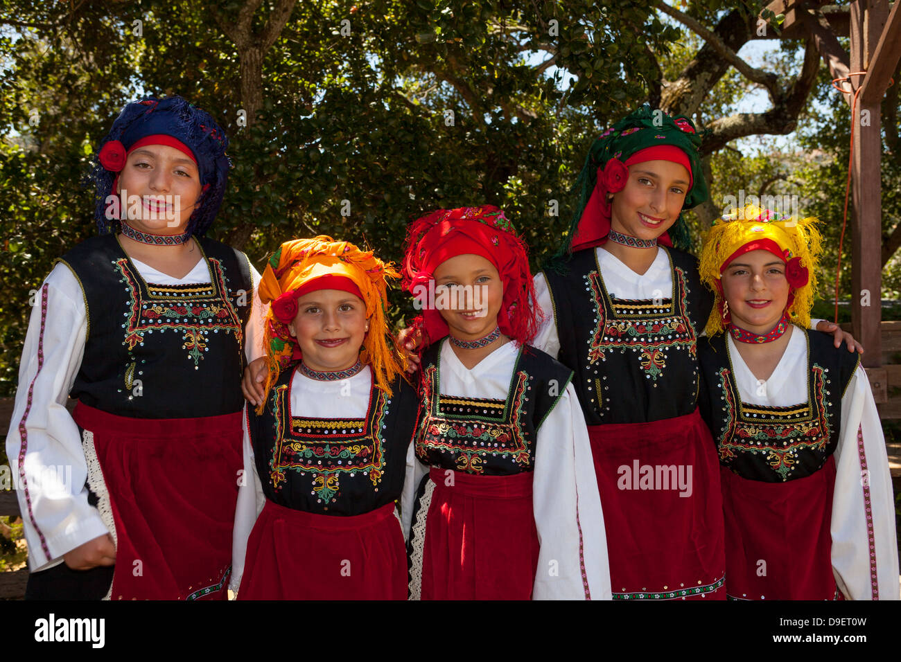 Young Minoan Greek Dancers preparing to dance at the Greek Festival, Novato, California, USA. Stock Photo