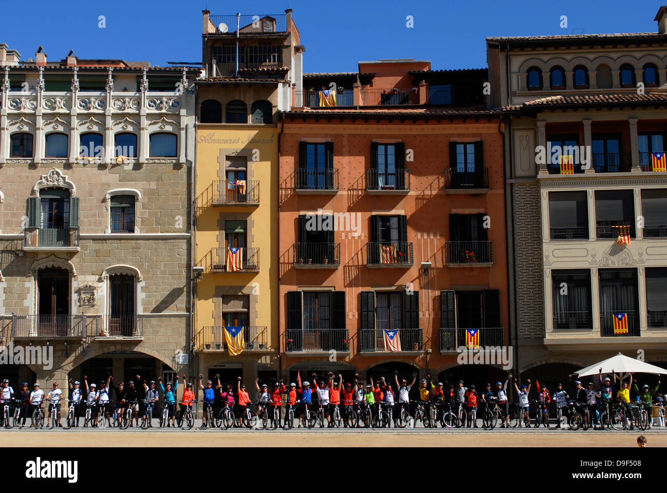 Cyclists, Bike, Bycicle, Group, Old Town, Square, Vic, Osona, Barcelona, Catalonia, Spain, Europe Stock Photo