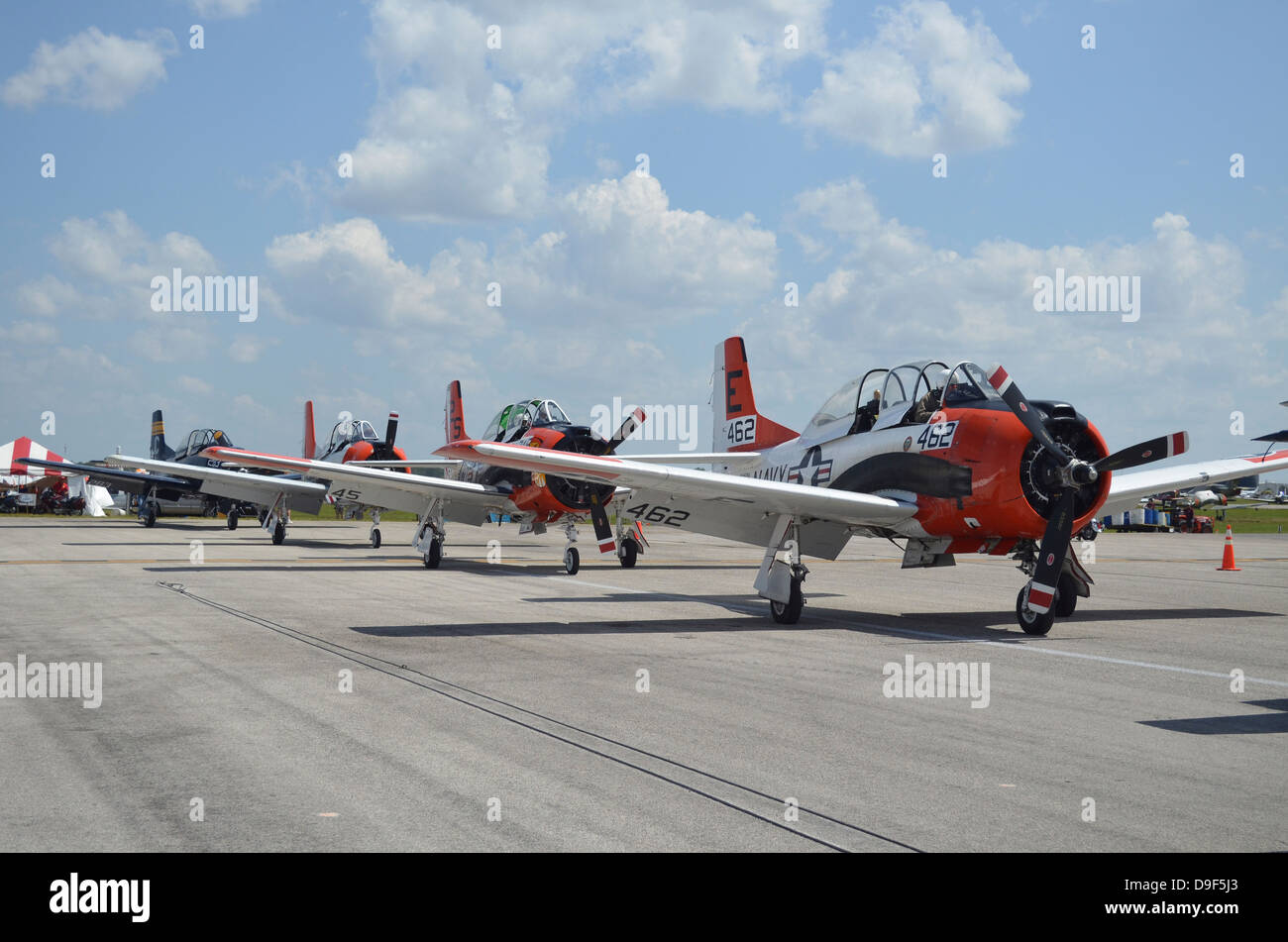 T-28C Trojan aircraft lined up on the flight line after a successful aerobatic showing. Stock Photo
