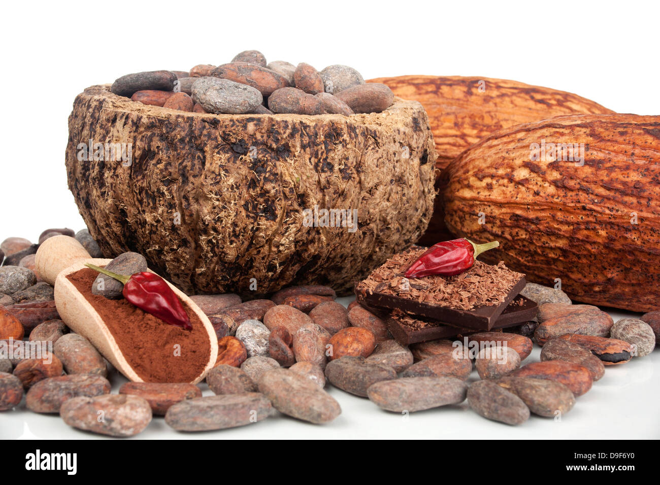 Cacao beans with cocoa powder, chocolate and chilli, Cocoa beans and cocoa powder, chocolate and chilli Stock Photo