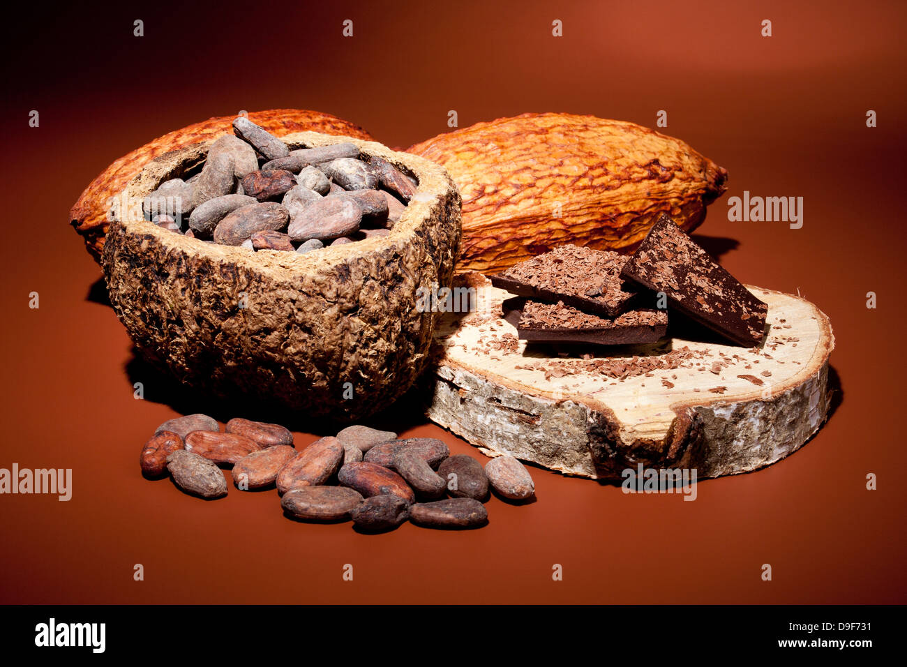 Cacao beans with cocoa fruit and chocolate, Cocoa beans and cocoa fruit and chocolate Stock Photo