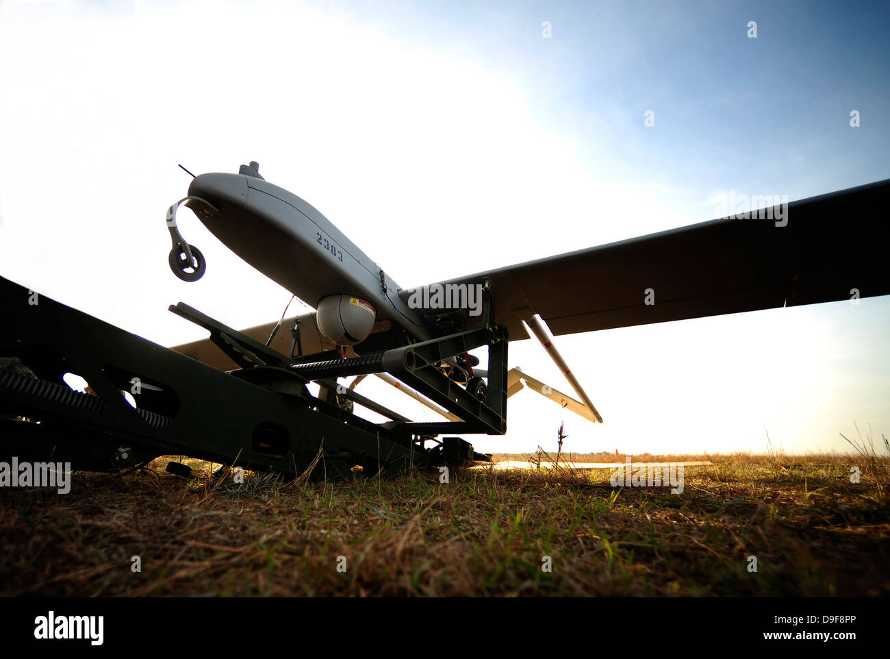An RQ-7B Shadow unmanned aerial vehicle on its launcher. Stock Photo
