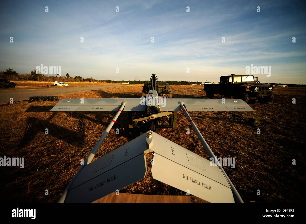 A U.S. Army RQ-7B Shadow unmanned aerial vehicle is set for launch at Hurlburt Field, Florida, during Emeral Warrior 2011. Stock Photo