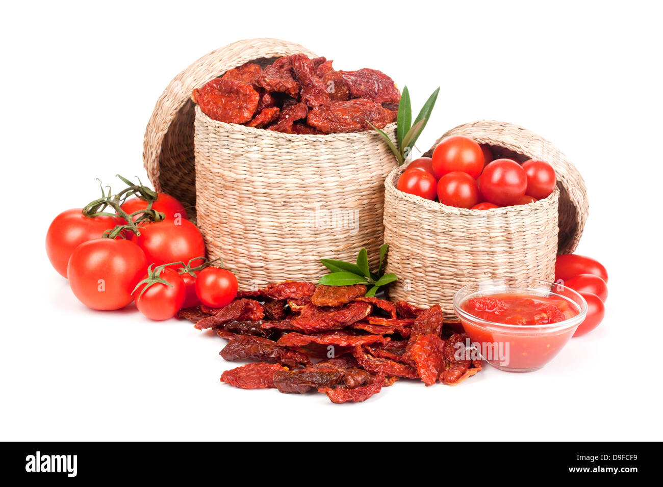 Shrub tomatoes, passed tomatoes, bottle tomatoes and dry tomatoes Tomatoes, crushed tomatoes, plum tomatoes and dried tomatoes Stock Photo