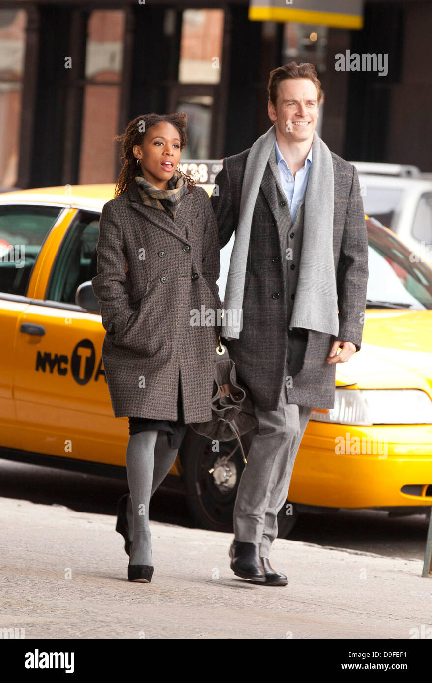 Michael Fassbender and Nicole Beharie on the set of 'Shame' in the West  Village New York City, USA - 01.03.11 Stock Photo - Alamy