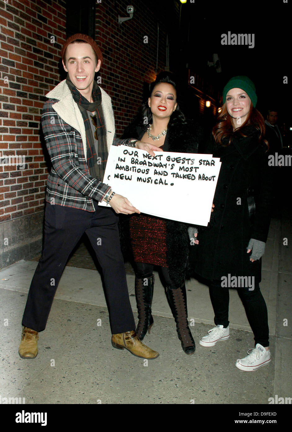 Reeve Camey as Peter Parker/Spiderman, T.V. Carpio as Arachne,  Jennifer Damiano as Mary Jane Watson 'The Late Show with David Letterman' at the Ed Sullivan Theater - Arrivals New York City, USA - 01.03.11 Stock Photo