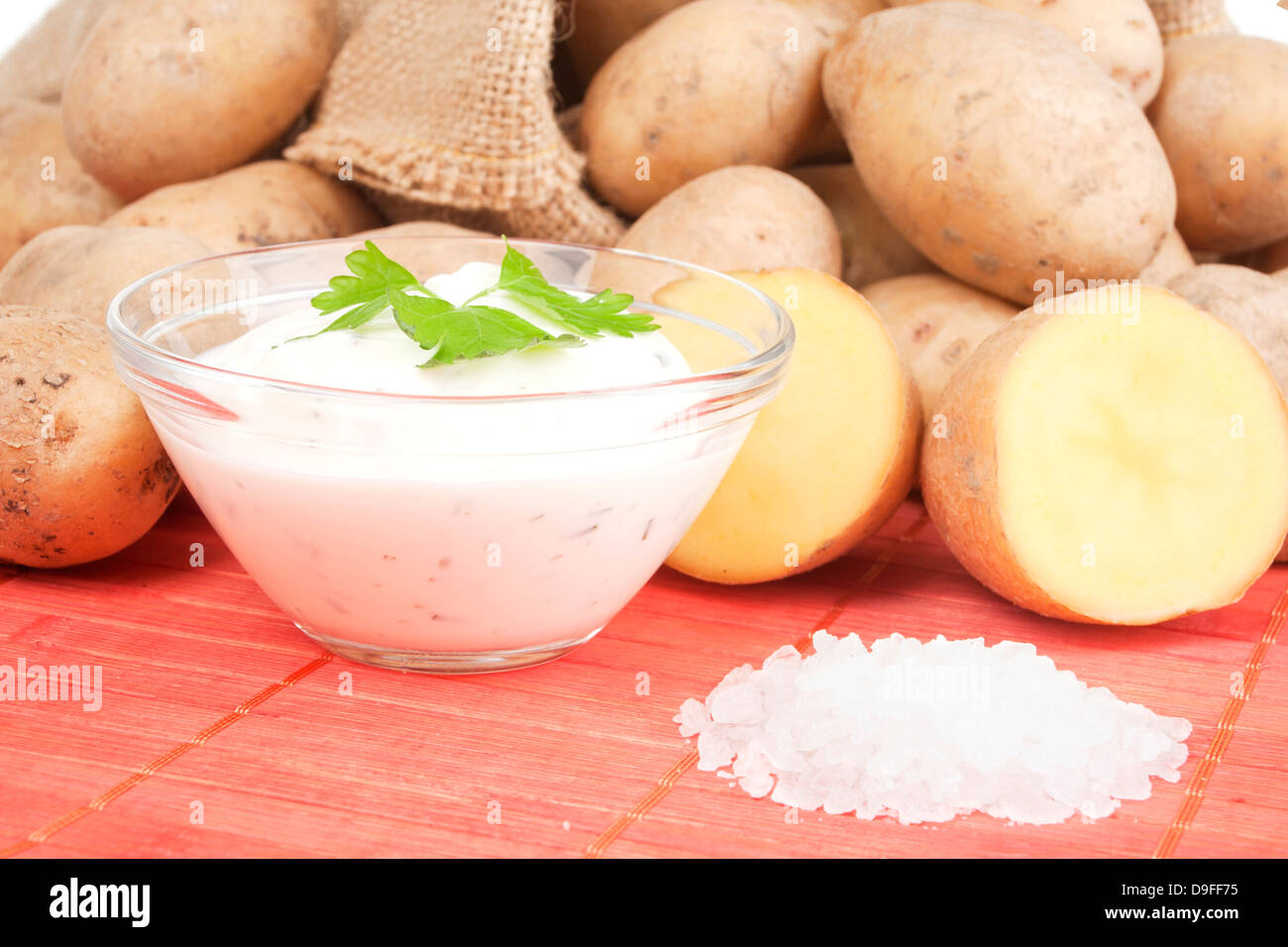 Potatoes with salt and curd Potatoes with salt and cottage cheese Stock Photo