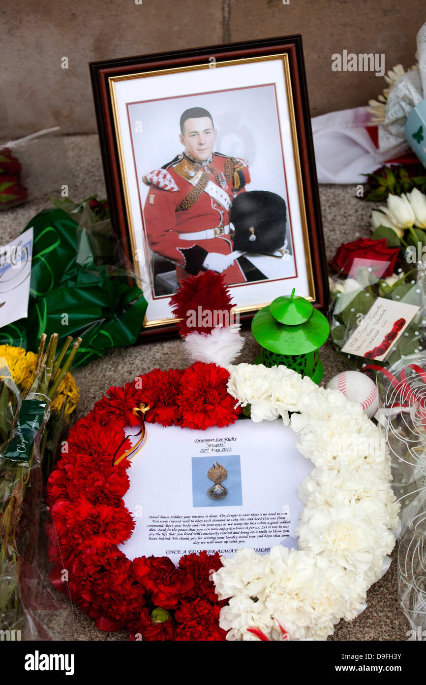 Floral tributes laid in the memory of Fusilier Lee Rigby at the War Memorial in War Memorial Park, Coventry. Stock Photo