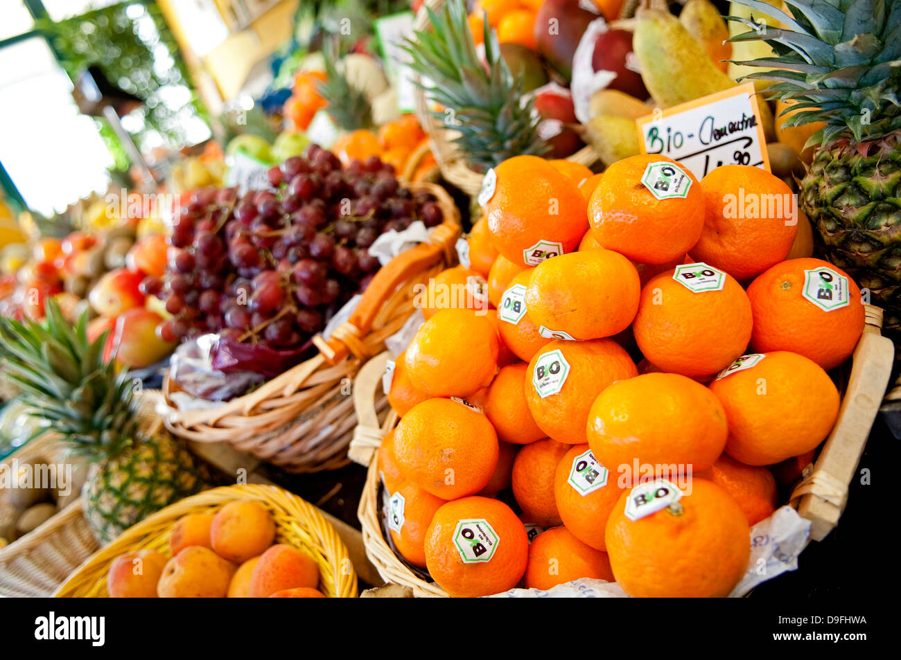 Fruit Baskets with biological Fruits in Fruit Shop Stock Photo Alamy