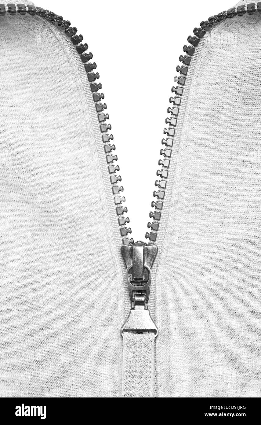 Zipper half closed, isolated on white Stock Photo