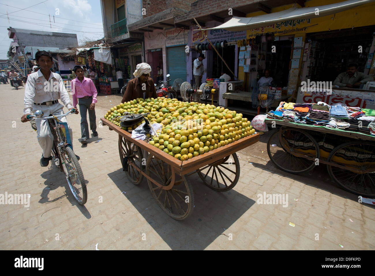 A young male pushes a large barrow of apples through a market street in Delhi India. Indian street business. Street trader India Stock Photo