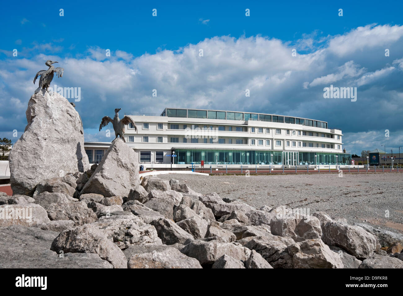 Metal cormorant sculptures on beach outside the Midland Hotel Morecambe