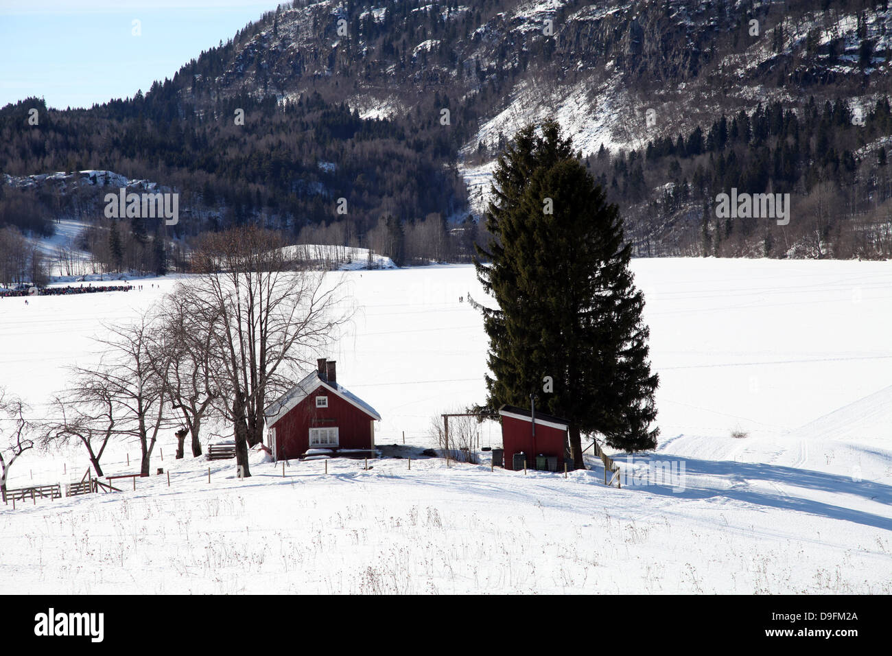 Cabin by a snow-covered lake, Sem, Asker, Norway, Scandinavia Stock Photo