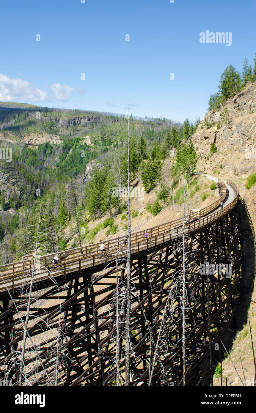 Biking the old railway trestles in the Myra Canyon, Kelowna, British Columbia, Canada Stock Photo