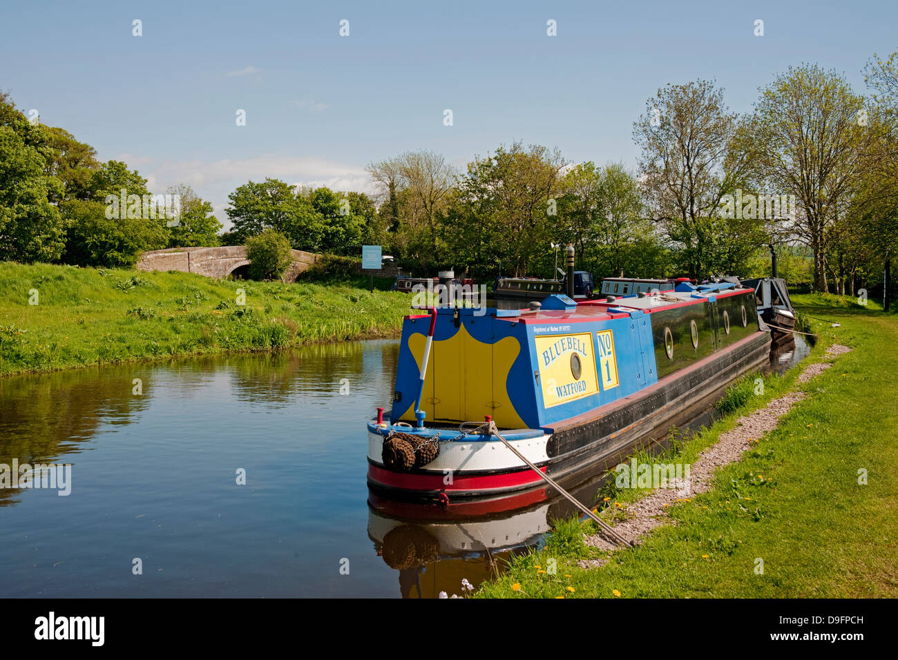 Barge Barges narrowboat moored on the Lancaster Canal river in summer Tewitfield near Borwick Lancashire England GB Great Britain UK United Kingdom Stock Photo
