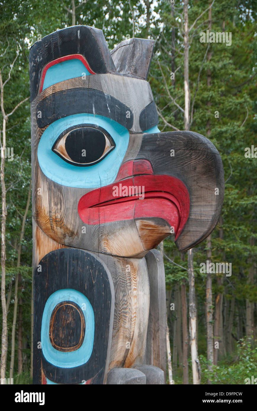 Totem pole with eagle image, Tlingit Heritage Center, Teslin, Yukon, Canada Stock Photo