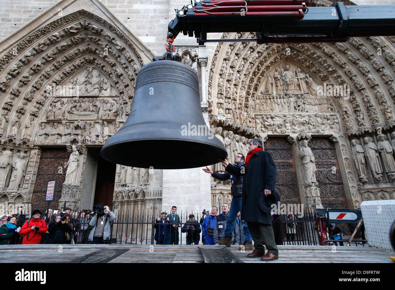 Arrival of the new bell chime, the biggest bell weighing six tons, on 850th anniversary of Notre Dame de Paris, Paris, France Stock Photo