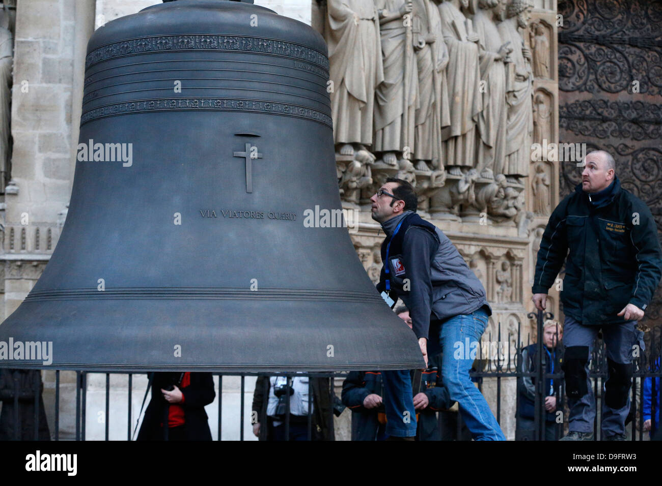 Arrival of the new bell chime, the biggest bell weighing six tons, on 850th anniversary of Notre Dame de Paris, Paris, France Stock Photo