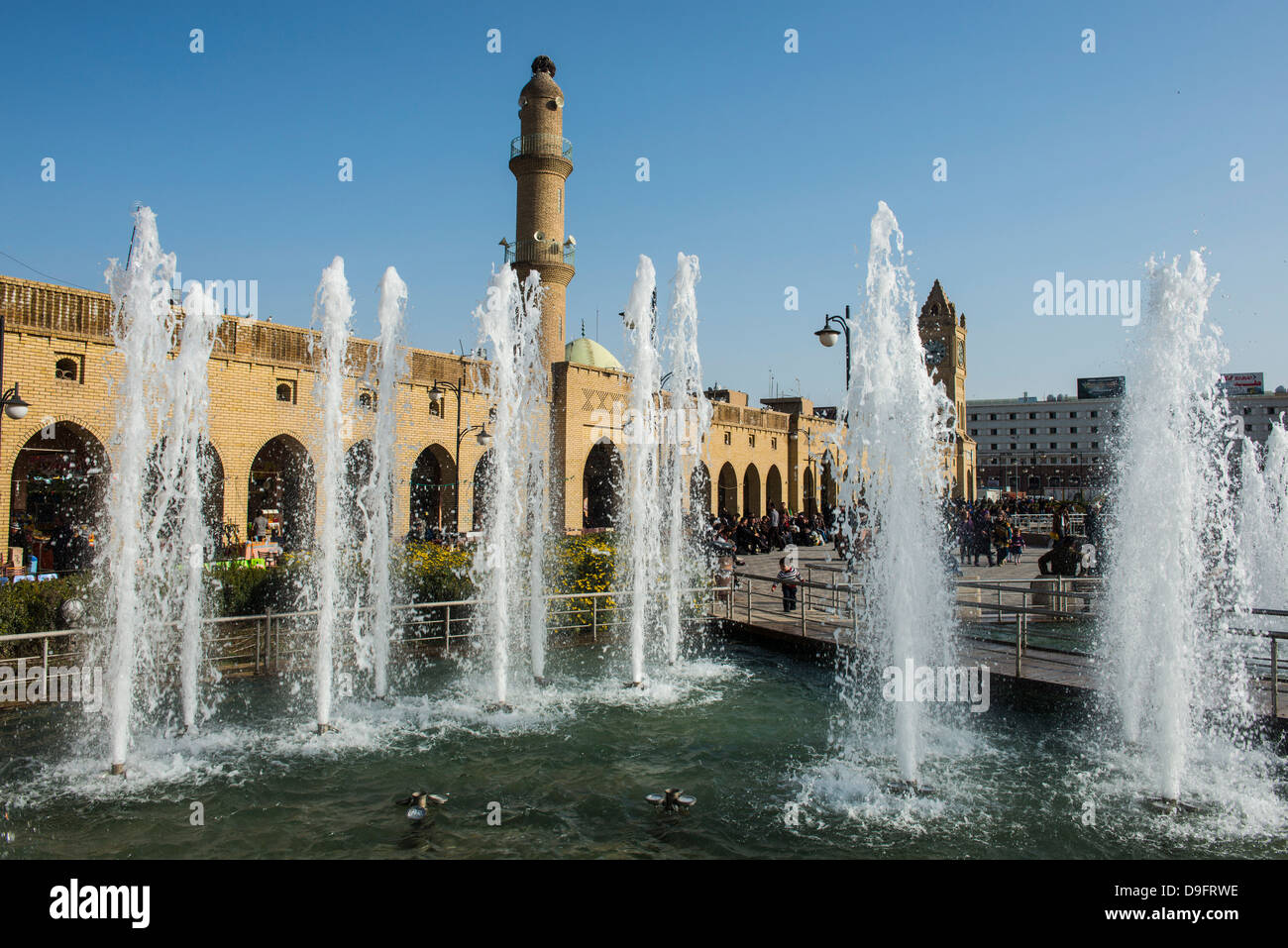 Huge square with water fountains below the citadel of Erbil (Hawler), capital of Iraq Kurdistan, Iraq, Middle East Stock Photo
