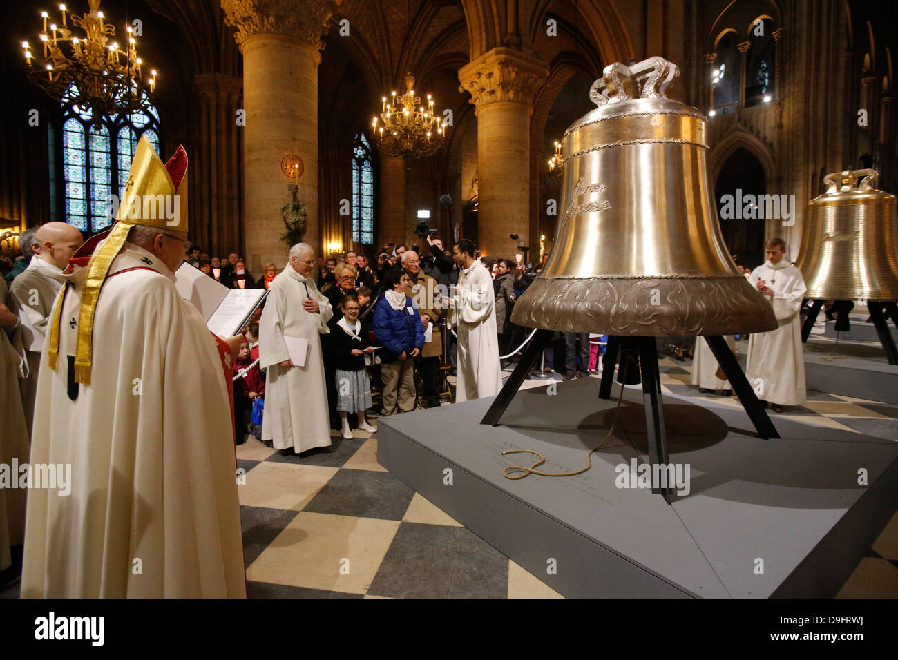 Bronze bells in the nave during a blessing by Archbishop Andre Vingt-Trois, on the 850th anniversary, Notre Dame, Paris, France Stock Photo