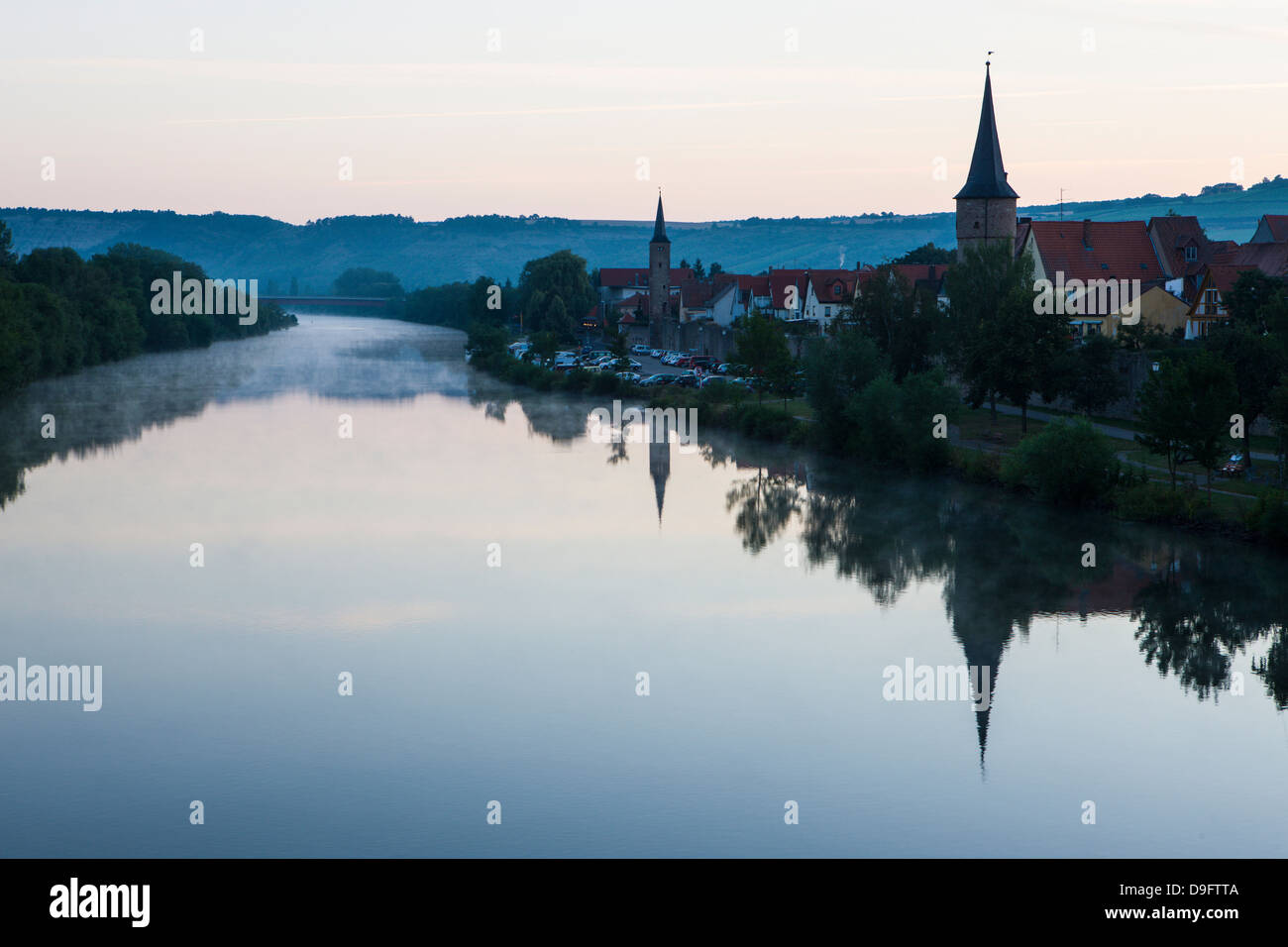 The town of Karlstadt in the Main valley in the morning, Franconia, Bavaria, Germany Stock Photo