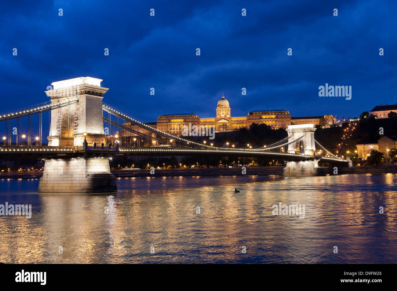 The Chain Bridge across the River Danube at night, Budapest, Hungary Stock Photo